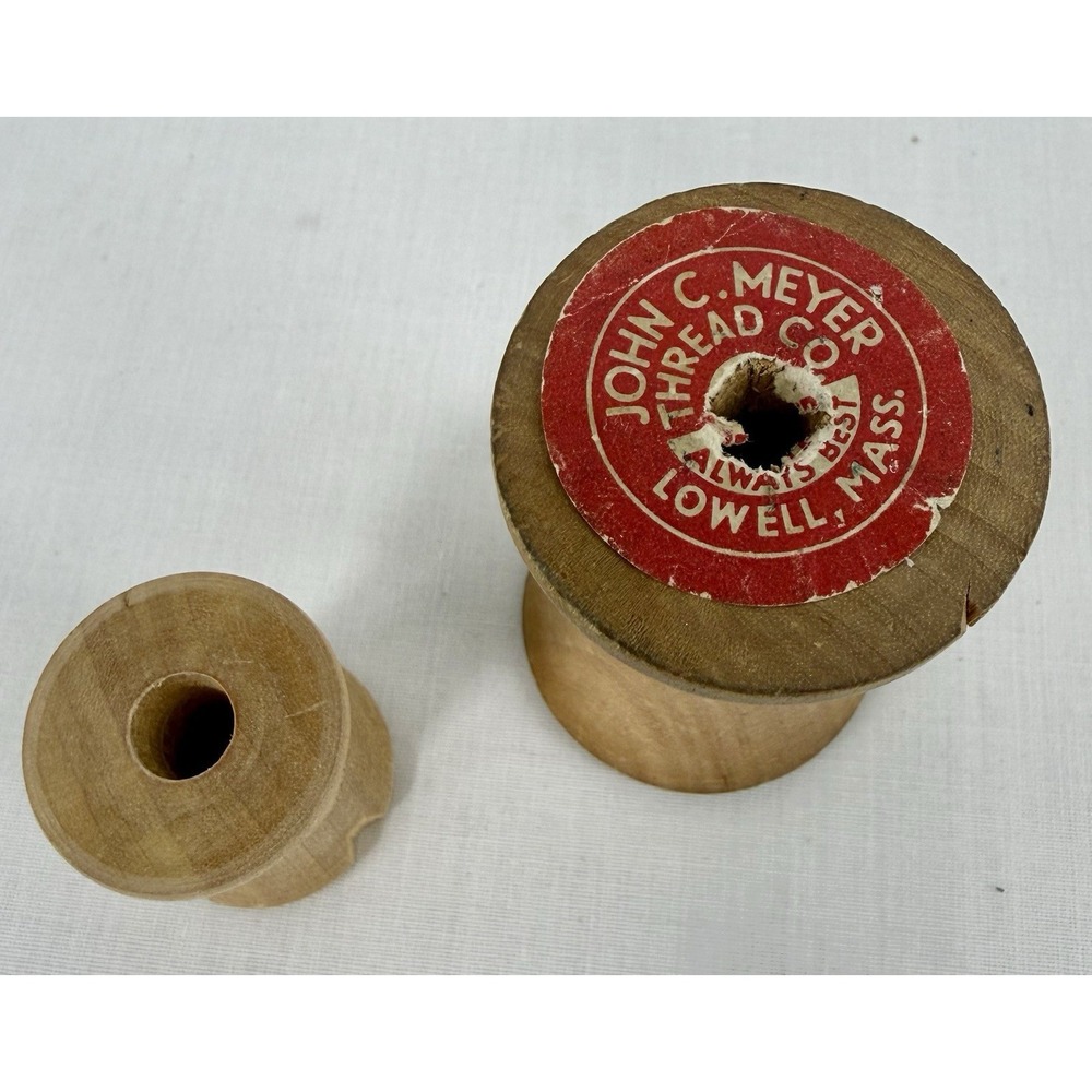 Vintage John C Meyer Wood Thread Spool Lowell MA + Small‎ Spool